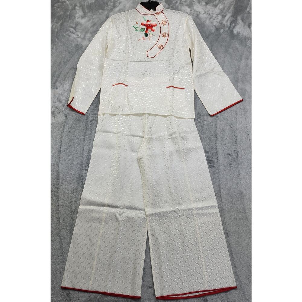 Vintage Asian Pajama Set Size M White Red Silky Satin Jacquard Embroidered‎ Crop